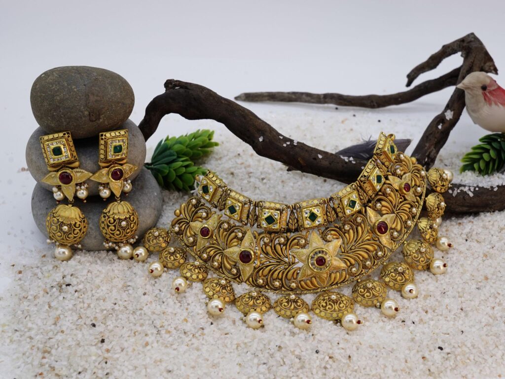 Intricate handcrafted gold choker and earrings from best jewellery stores near me
